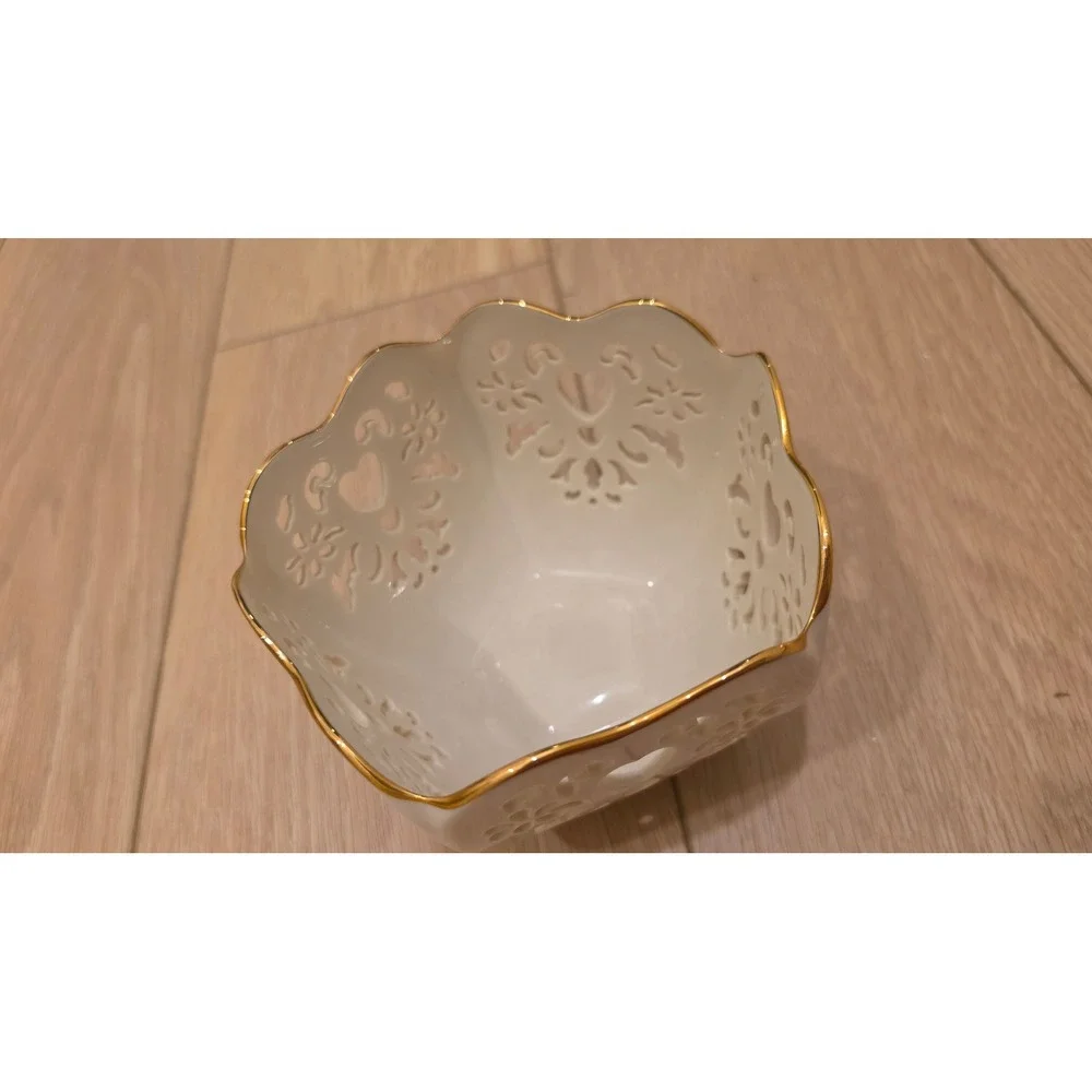 Lenox Pierced Hearts Flowers Bowl Ivory China 24k Gold Trim timeless cottagecore